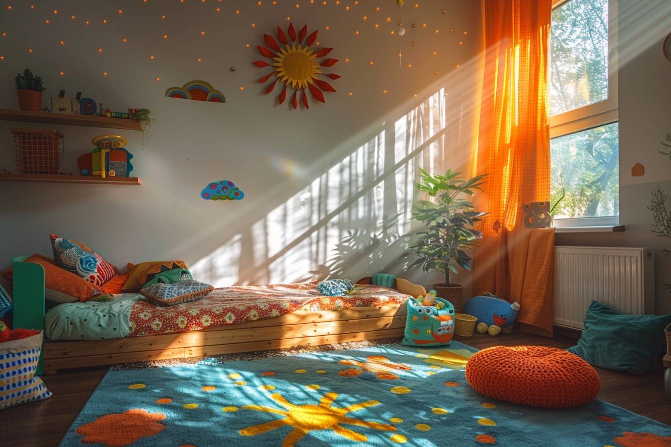 Alt d'image : "Décoration originale et durable pour chambre d'enfant réalisée avec des matériaux recyclés élégamment assemblés.